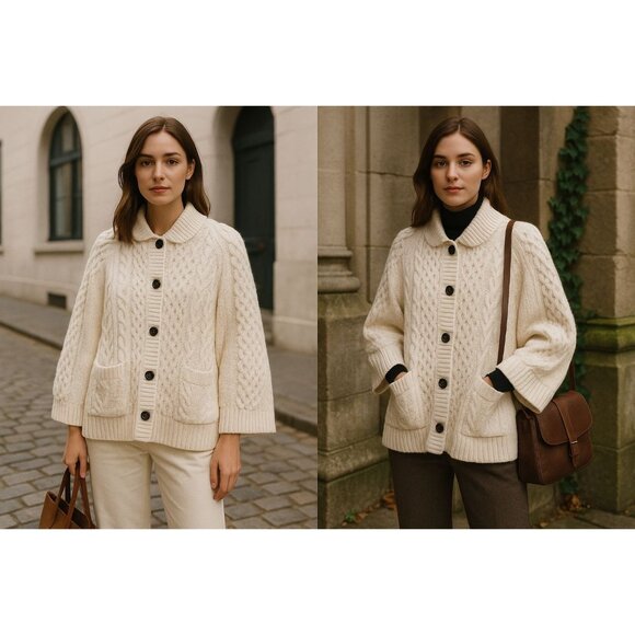 Anthropologie Women Ivory Cable Knit Poncho Sweater XS/S Quiet Luxury Old Money - Picture 1 of 13